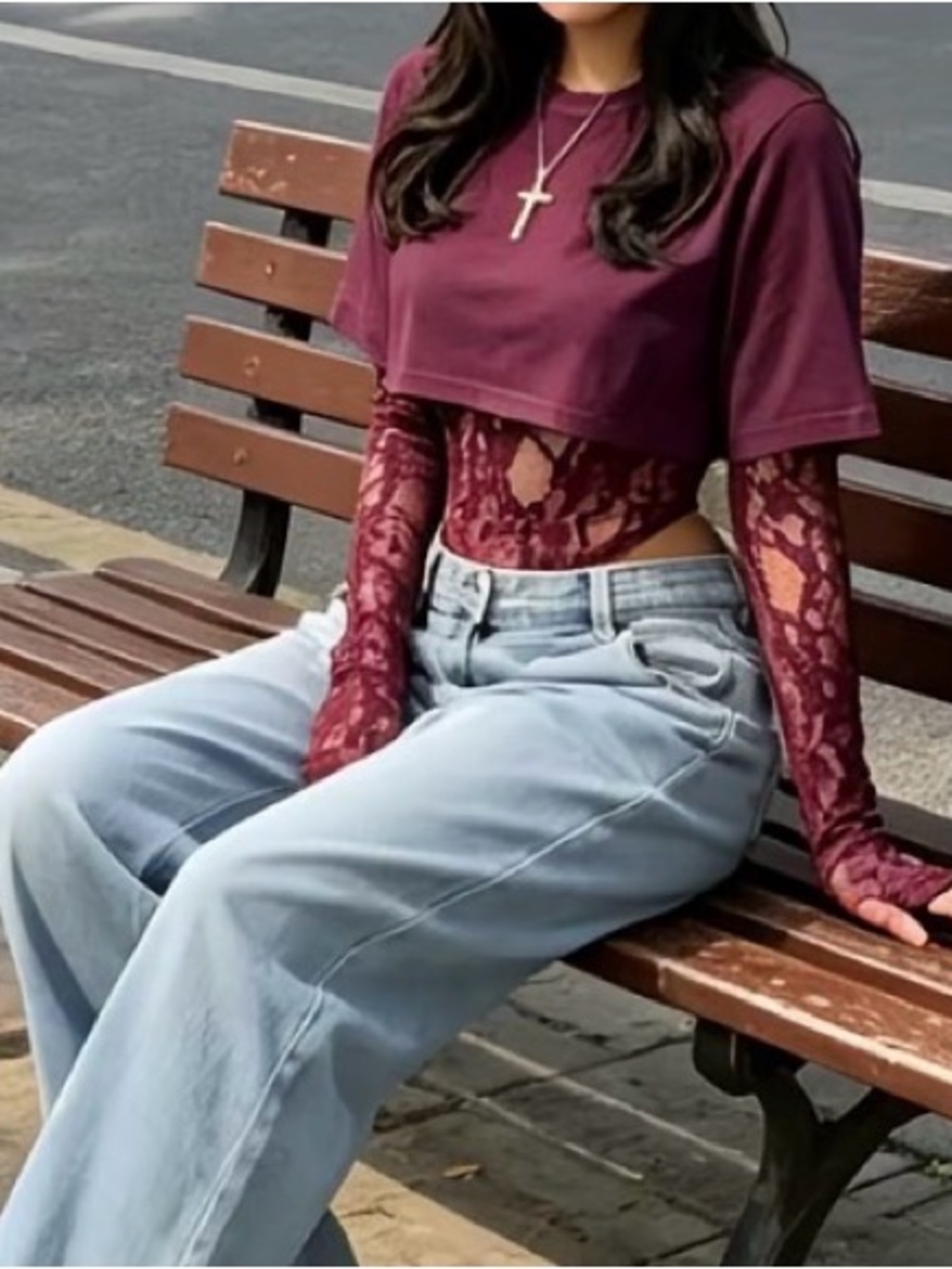 Women’s Burgundy Lace Sleeve Crop Top